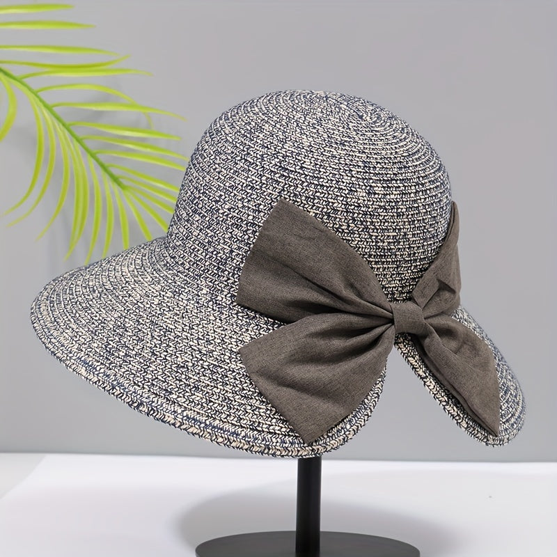 Bowknot Ponytail Sun Hat Straw Plaid Basin Hat