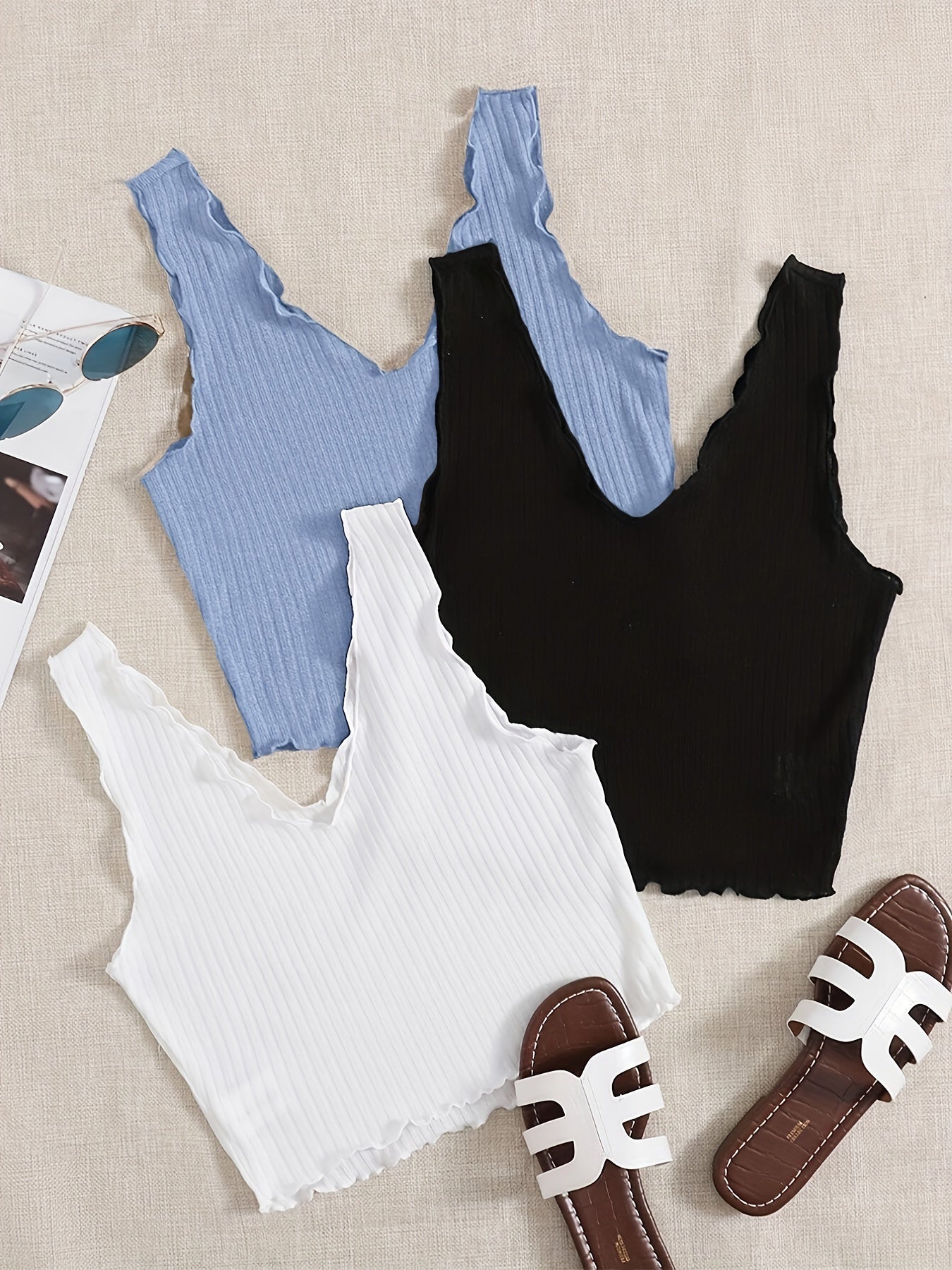 Ruffle Trim Tank Top Set Casual Summer Sleeveless Women's Clothing