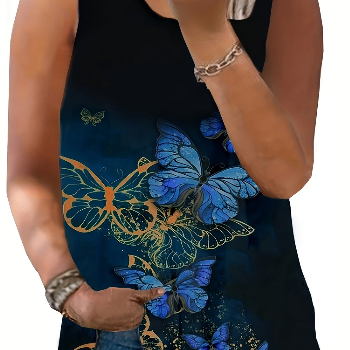  Butterfly Print Tank Top Round Neck Medium Stretch