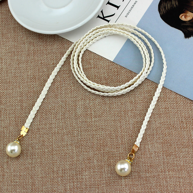 Braided Thin Belt Women's Decor Waist Rope Sweet Dress Tie With Pearl
