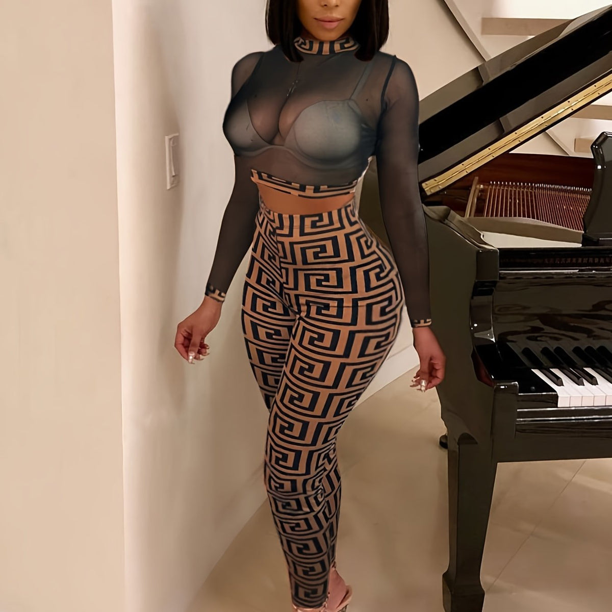  Geometric Print Mesh Top & Pants Set High Stretch 2pcs Set