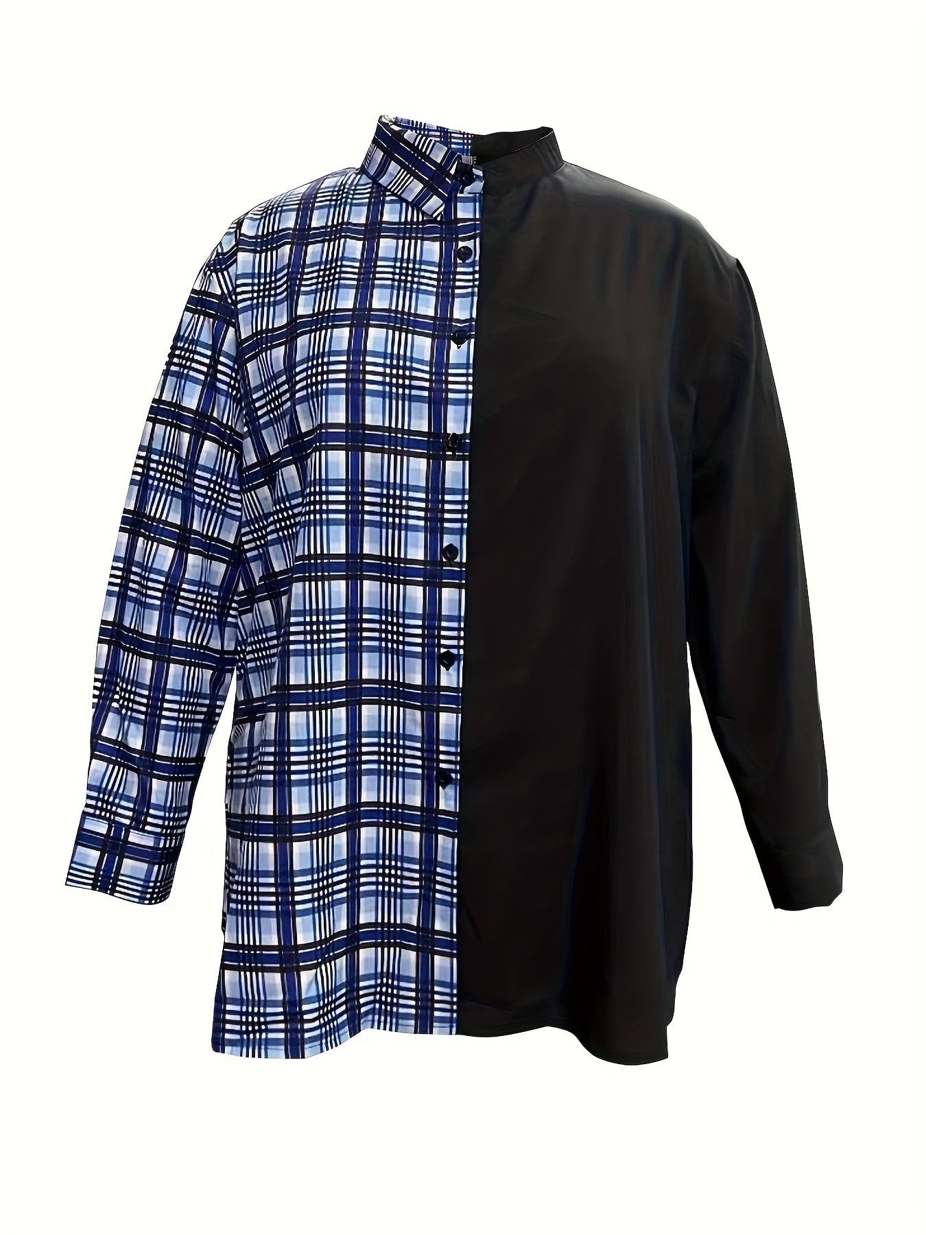  Colorblock Plaid Button Up Blouse