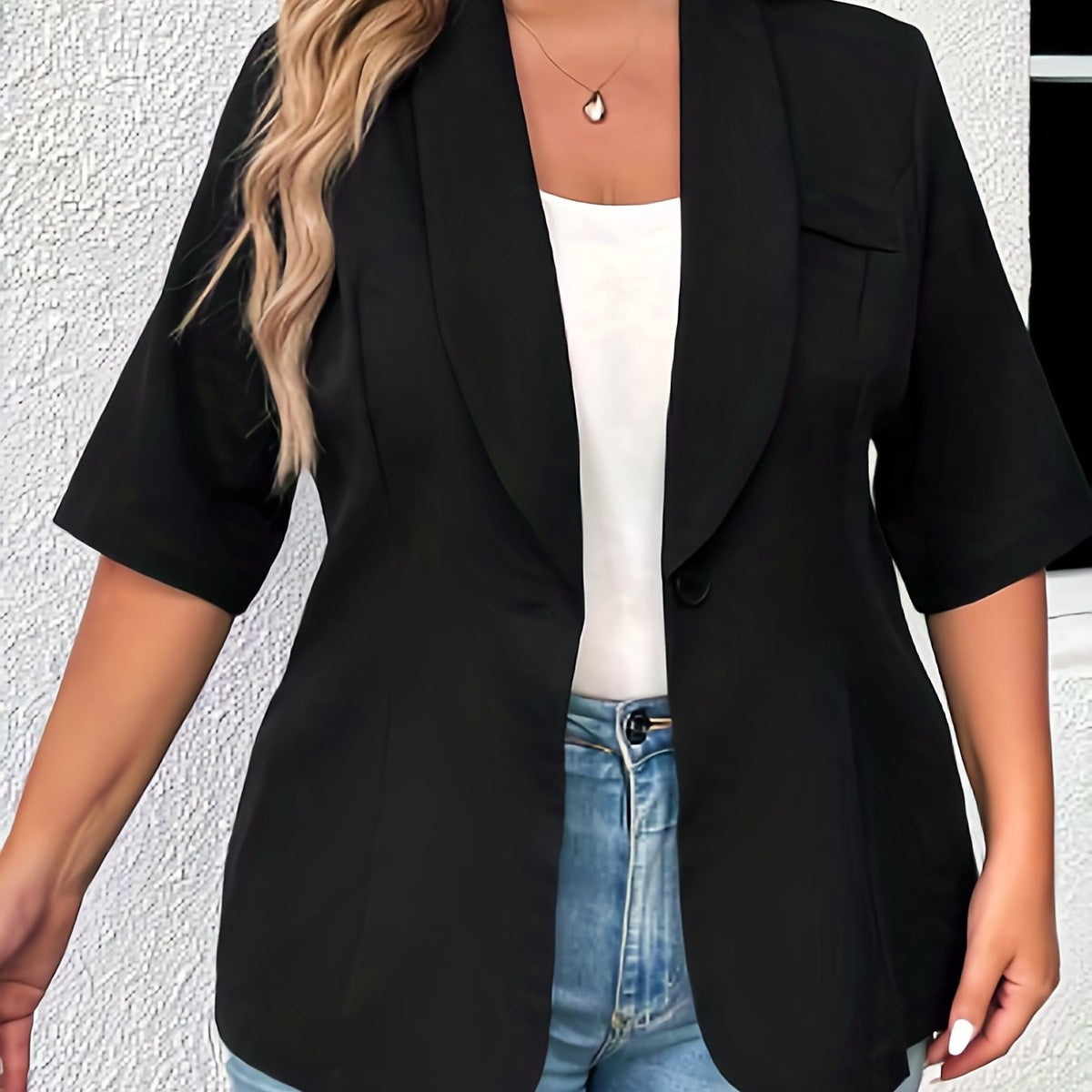  Casual Blazer Women's Solid Half Sleeve Shawl Neck Open Front Blazer