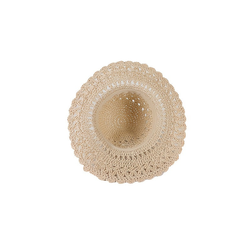 Boho Crochet Straw Visor Hat Metal Label Lightweight Sunscreen Cap