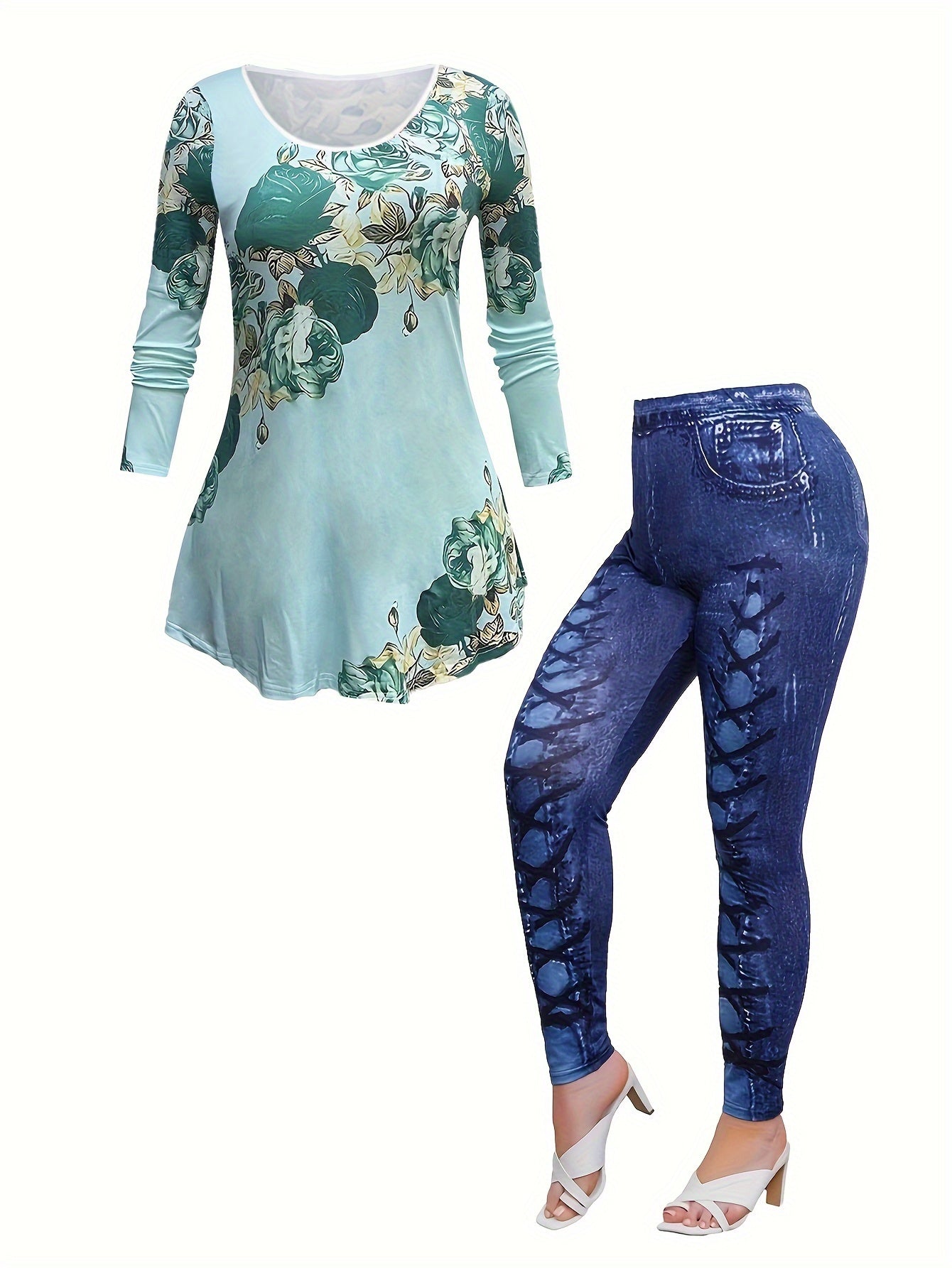  2 Piece Set Women's Floral Top & Denim Leggings Outfits
