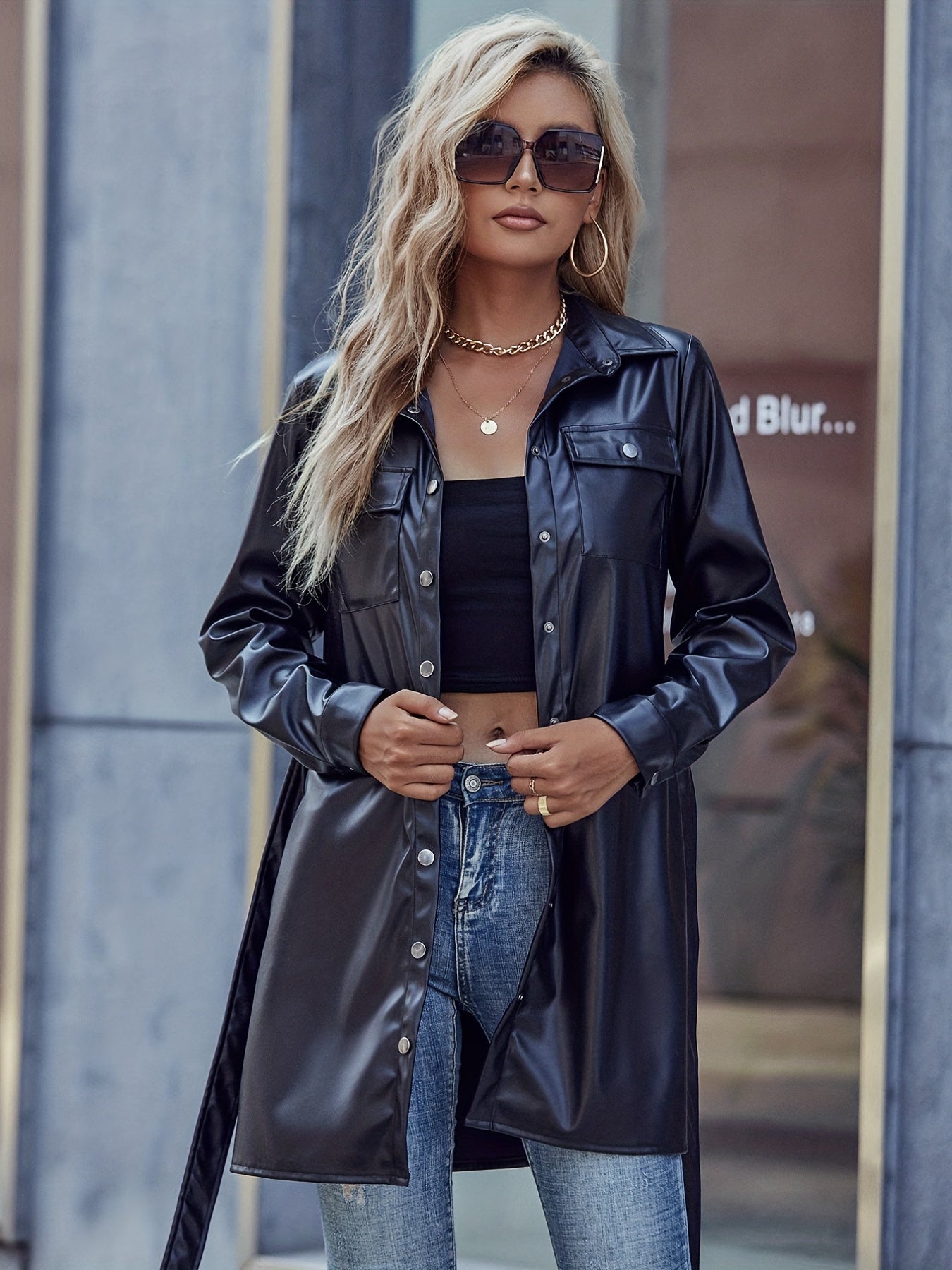 V Neck Tie Waist Jacket with Flap Pockets for Women