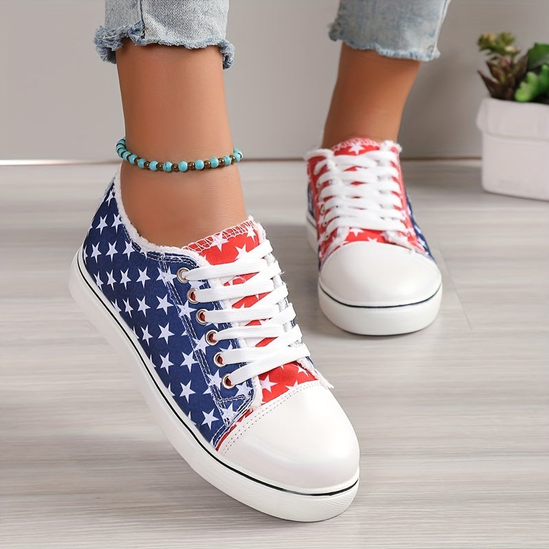 Star Pattern Canvas Shoes Women's Casual Lace Up Flat Outdoor Shoes