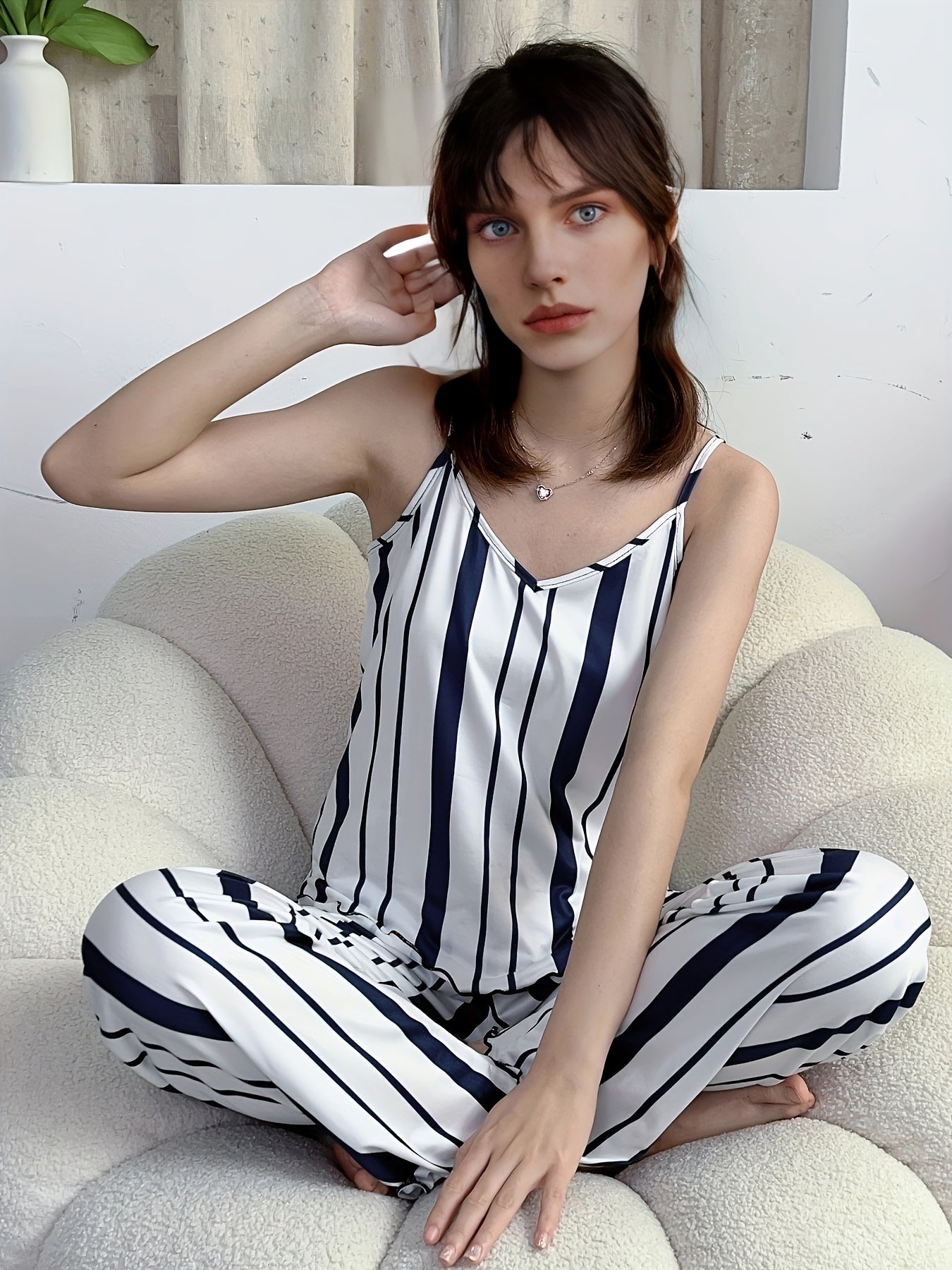 Striped Print Pajama Set V Neck Cami Top & Lounge Pants Women's Sleepwear