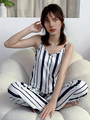 Striped Print Pajama Set V Neck Cami Top & Lounge Pants Women's Sleepwear