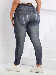  Denim Print Stretch Leggings High Waist Women's Casual Leggings