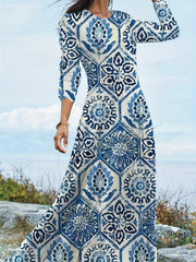 Boho Maxi Dress Plus Size Allover Print Long Sleeve Round Neck