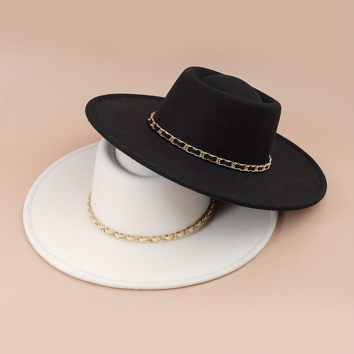 Classic Chain Decor Felt Hat Flat Brim Top Hats Solid Trilby Hat