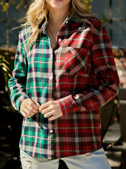  Colorblock Plaid Print Button-Up Shirt