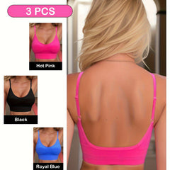 3pcs Solid Ribbed Sports Bras Stretch Intimates Bra Women's Lingerie