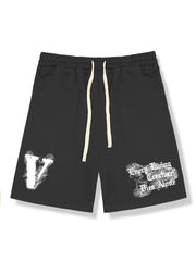 Men's Big V Letter Print Casual Drawstring Shorts