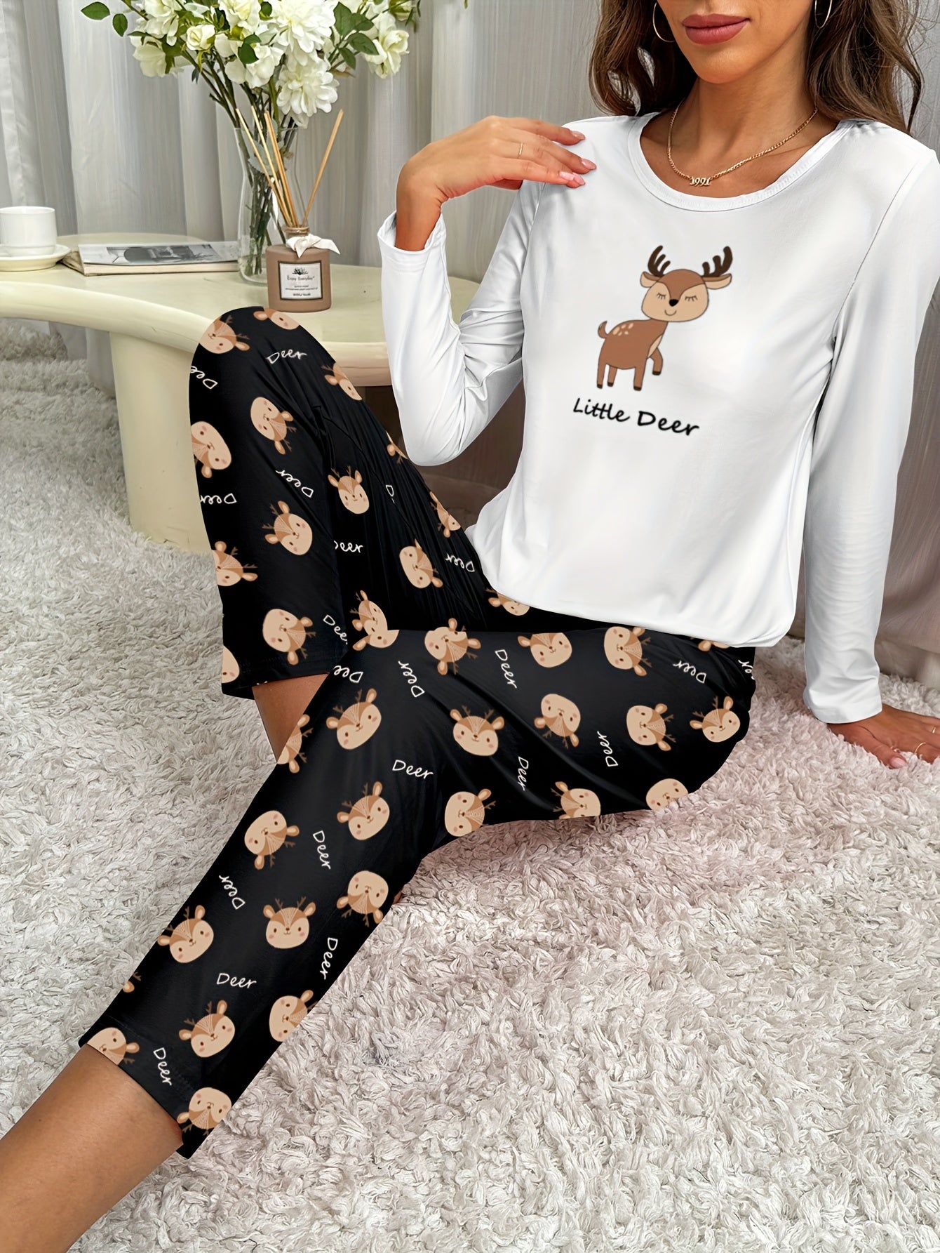 Deer Print Pajama Set Long Sleeve Top & Pants