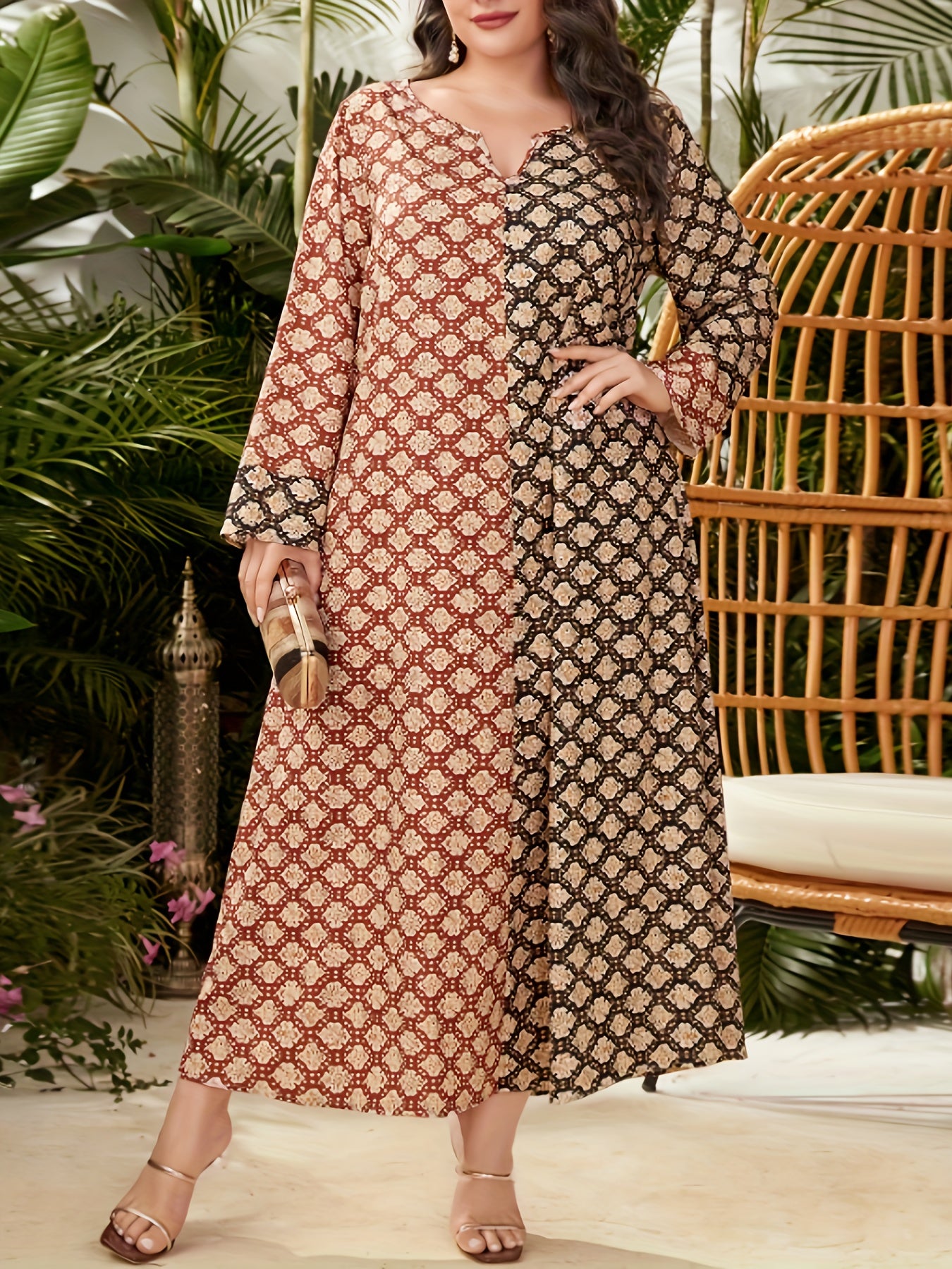  Boho Abaya Dress Women's Plus Colorblock Allover Print Long Sleeve