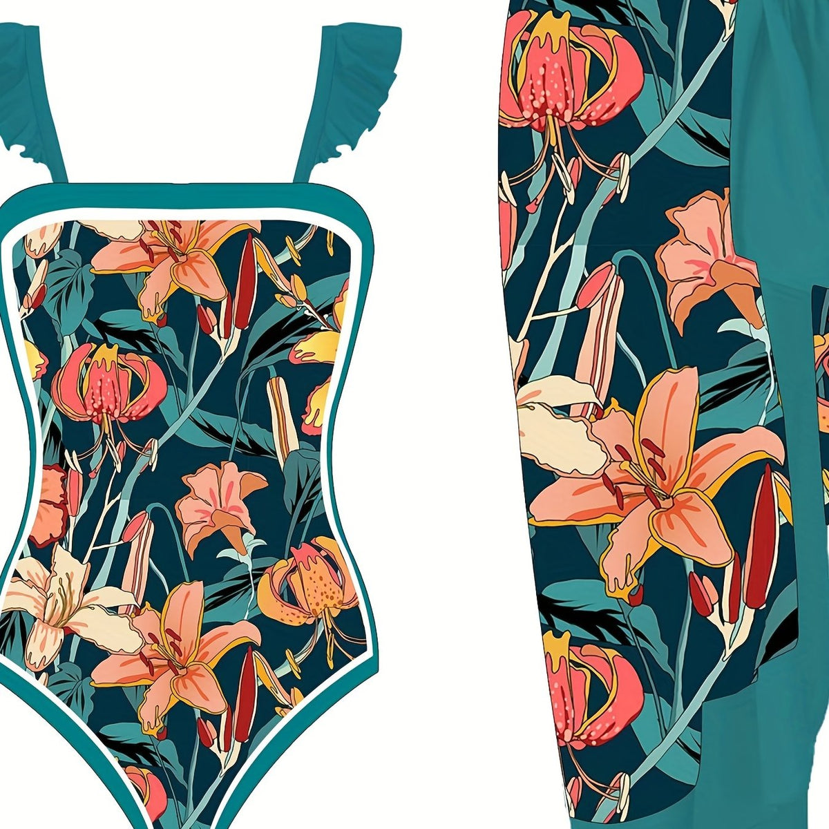  Boho Tankini Set Women's Plus Floral Print Ruffle Trim Swimsuit
