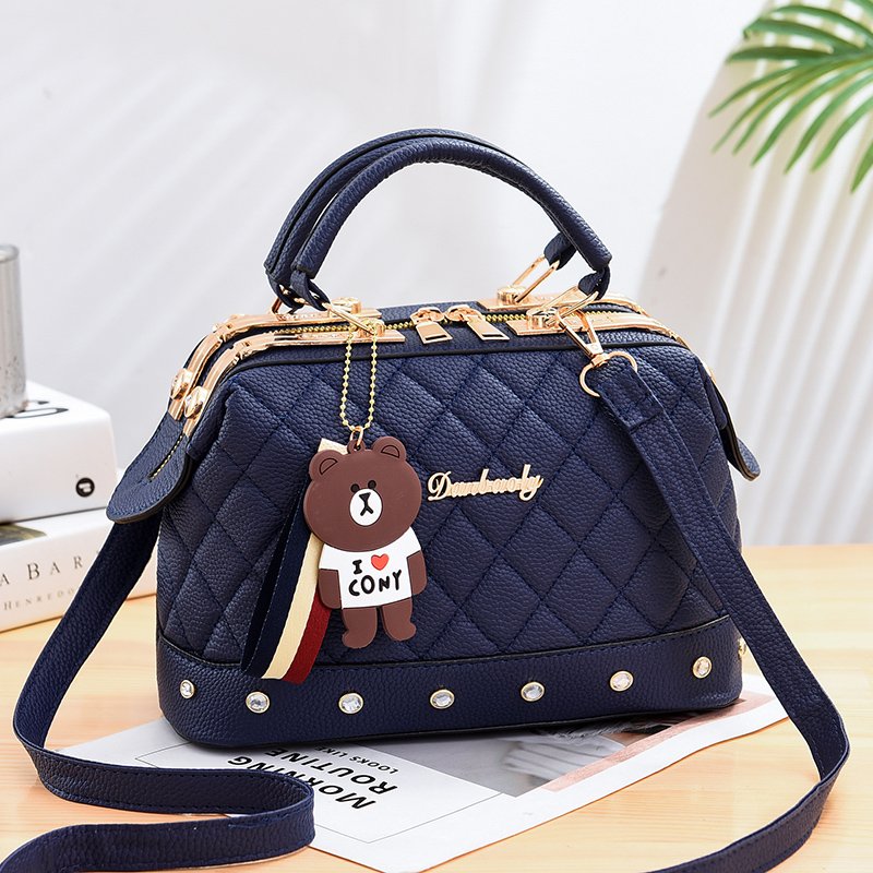 Argyle Quilted Top Handle Bag Rhinestones Zipper Crossbody Bag