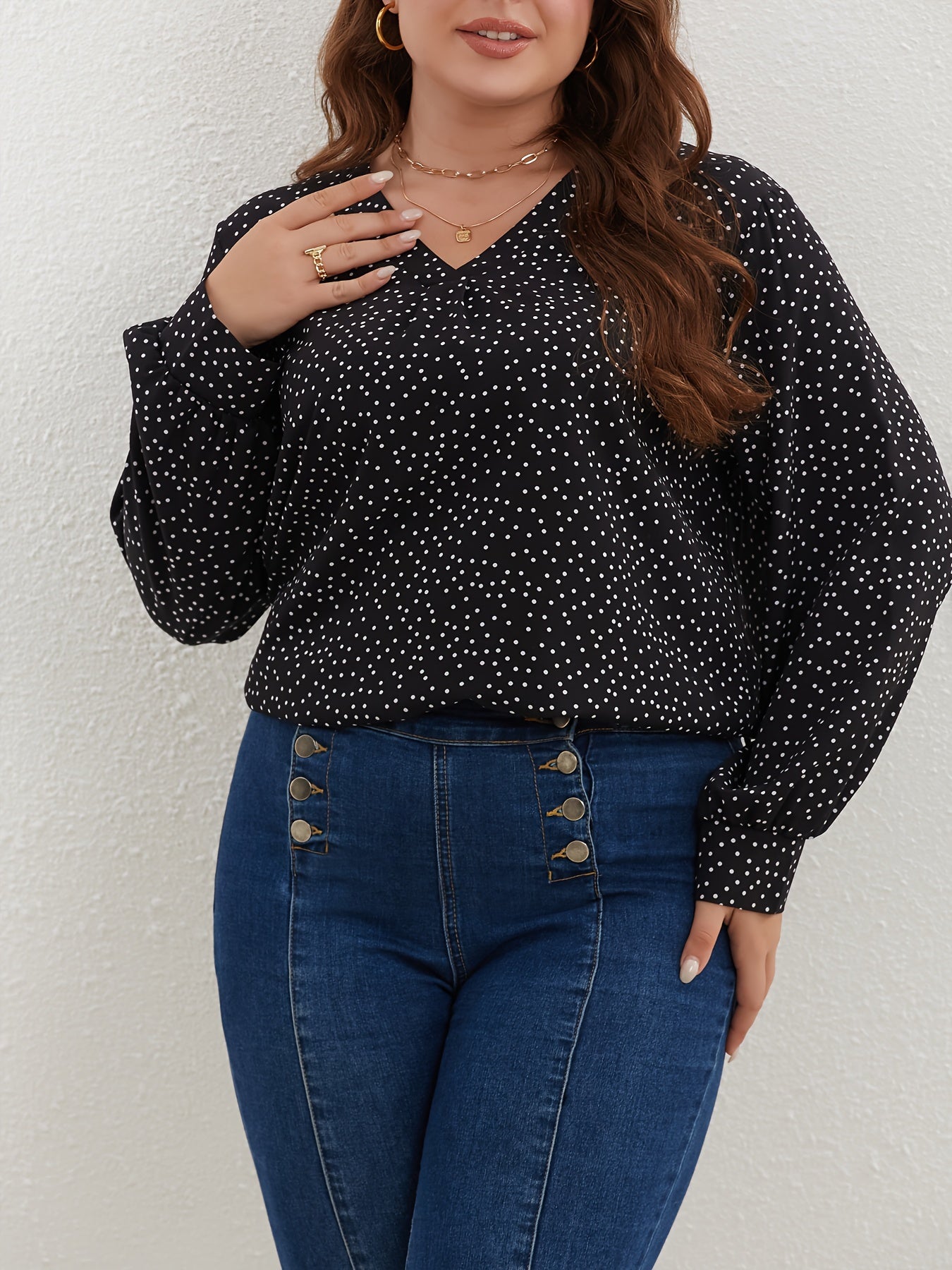  Dot Print Lantern Sleeve V Neck Top