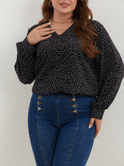  Dot Print Lantern Sleeve V Neck Top