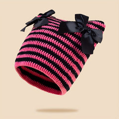 Y2K Striped Cat Ear Beanie Bow Knit Hat Hip Hop Elastic Skull Cap