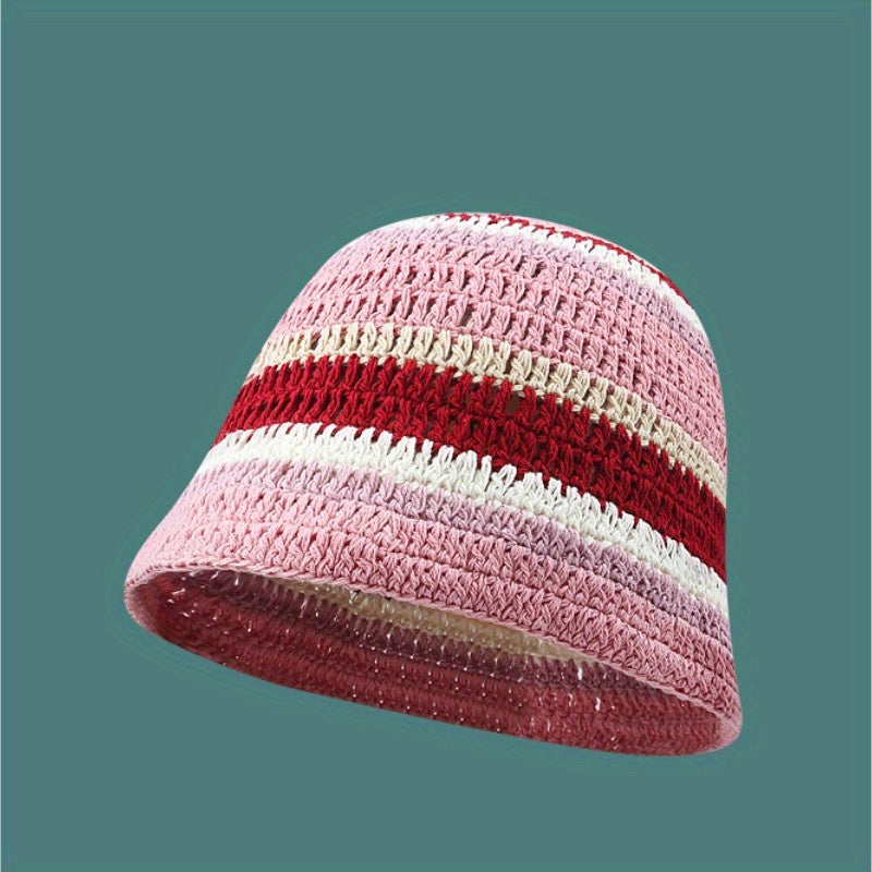 Rainbow Striped Crochet Bucket Hat Y2K Block Hollow Out Knit Hat