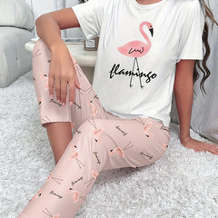 Flamingo Print Pajama Set Short Sleeve Top & Lounge Pants