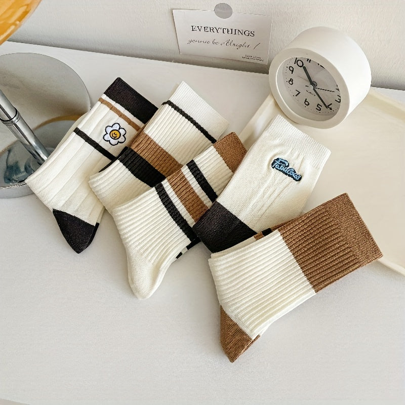 5 Pairs Striped Colorblock Socks Embroidery Crew Socks Women's Stockings