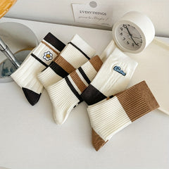 5 Pairs Striped Colorblock Socks Embroidery Crew Socks Women's Stockings