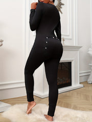 Solid V Neck Long Sleeve Pajama Jumpsuit for Women
