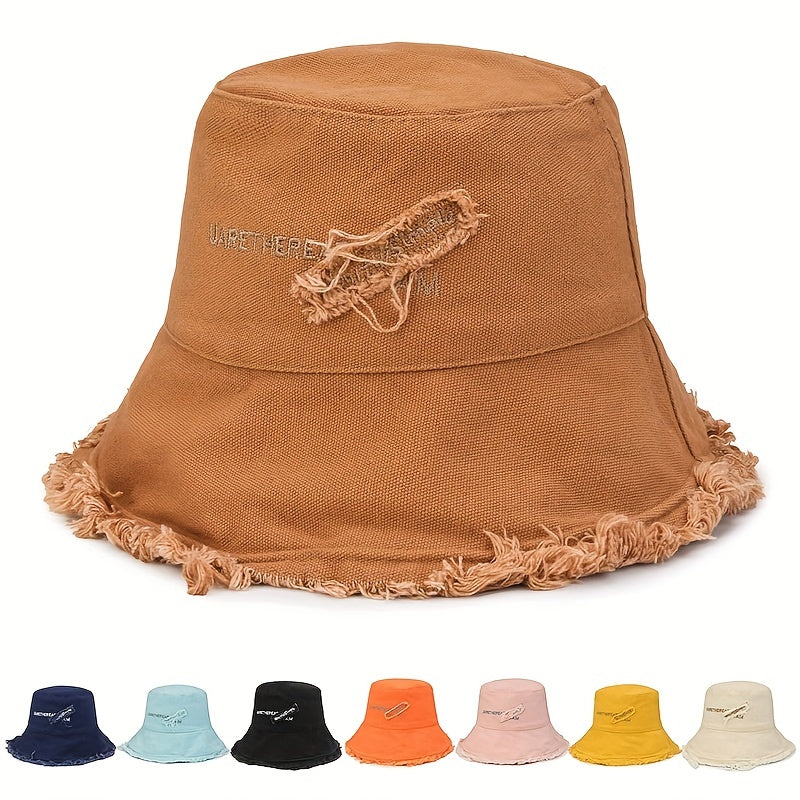 Vintage Embroidery Bucket Hat Frayed Brim Beach Sunscreen Outdoor Basin Hat
