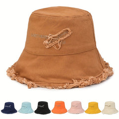 Vintage Embroidery Bucket Hat Frayed Brim Beach Sunscreen Outdoor Basin Hat