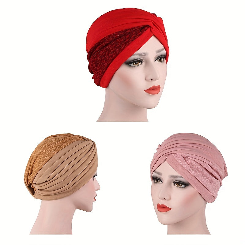 Block Stitching Turban Cap Lace Pleated Head Wrap