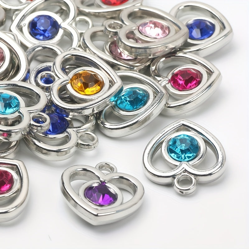 10pcs Colorful Rhinestone Heart Shape Pendant for DIY Accessories