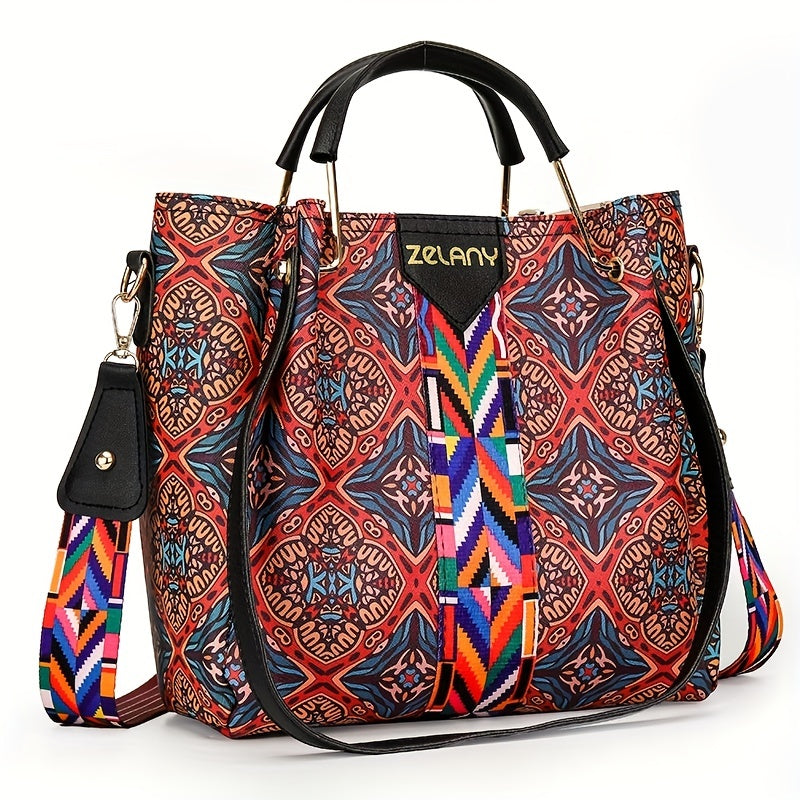 Vintage Flower Print Handbag Set Ethnic Style Shoulder Bag With Clutch