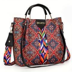 Vintage Flower Print Handbag Set Ethnic Style Shoulder Bag With Clutch