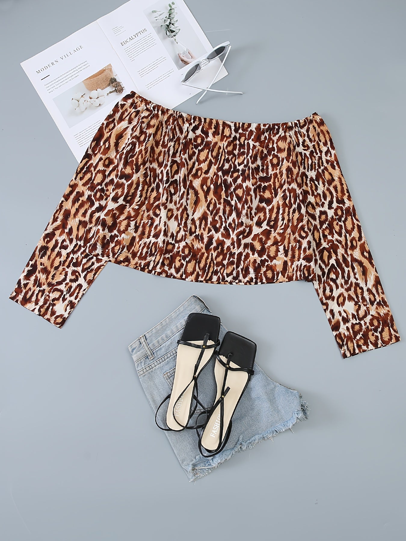 Off Shoulder Leopard Print Long Sleeve Crop Blouse Women's Plus