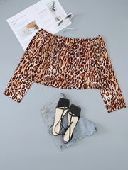 Off Shoulder Leopard Print Long Sleeve Crop Blouse Women's Plus