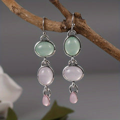 Moonstone Drop Dangle Earrings Pink Stone Wedding Engagement