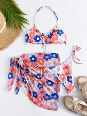 Digital Floral Print Bikini Set with Sheer Wrap Skirt