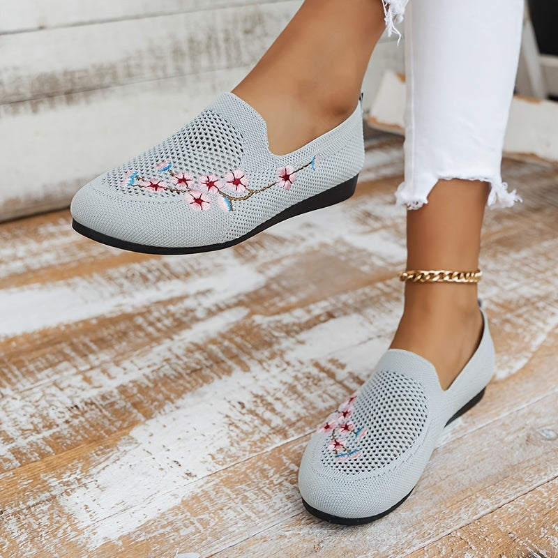 Women's Floral Embroidered Mesh Flat Shoes Lightweight Casual Footwear