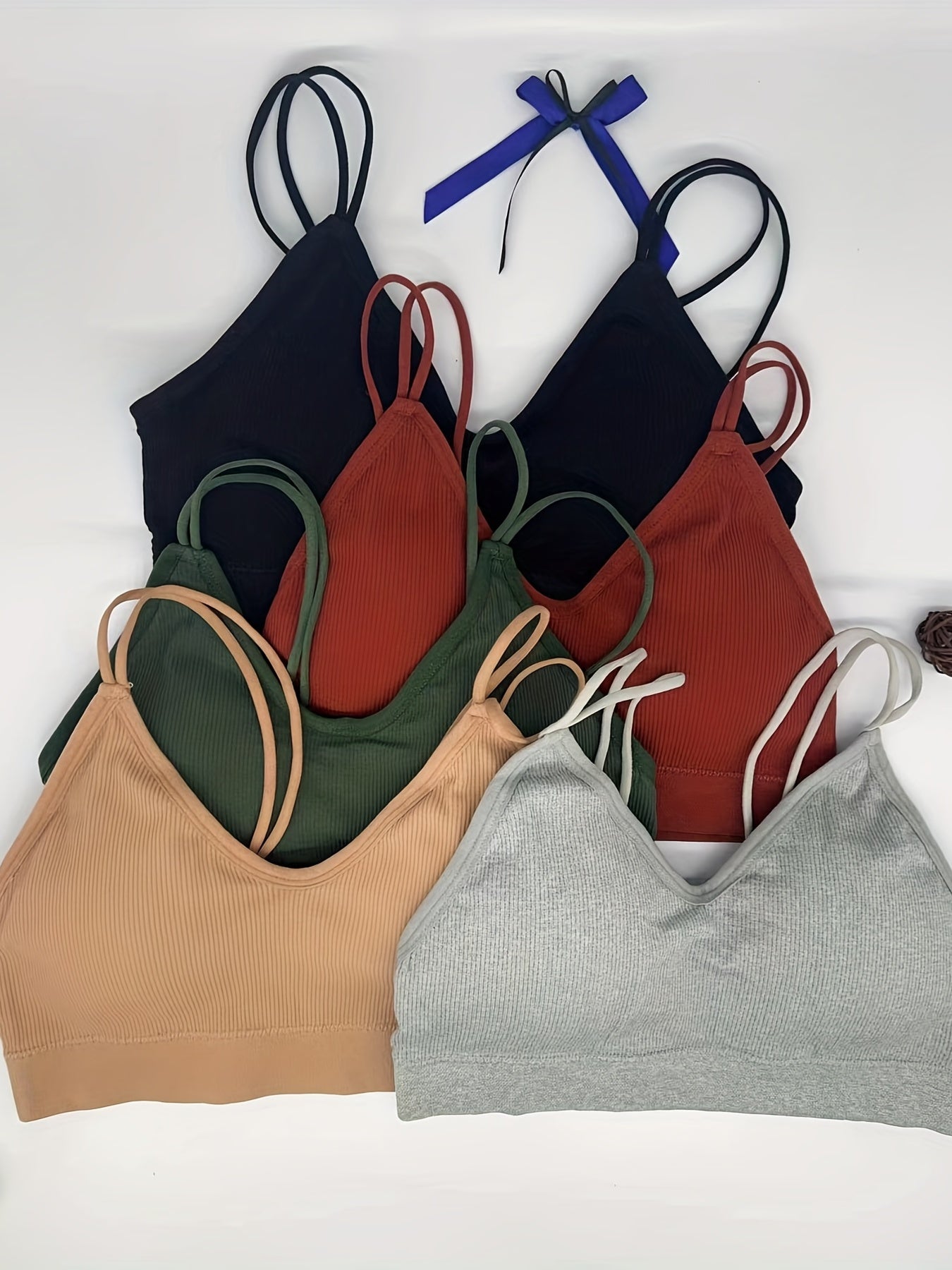 5pcs Ribbed Wireless Bras Double Straps Breathable Lingerie & Underwear