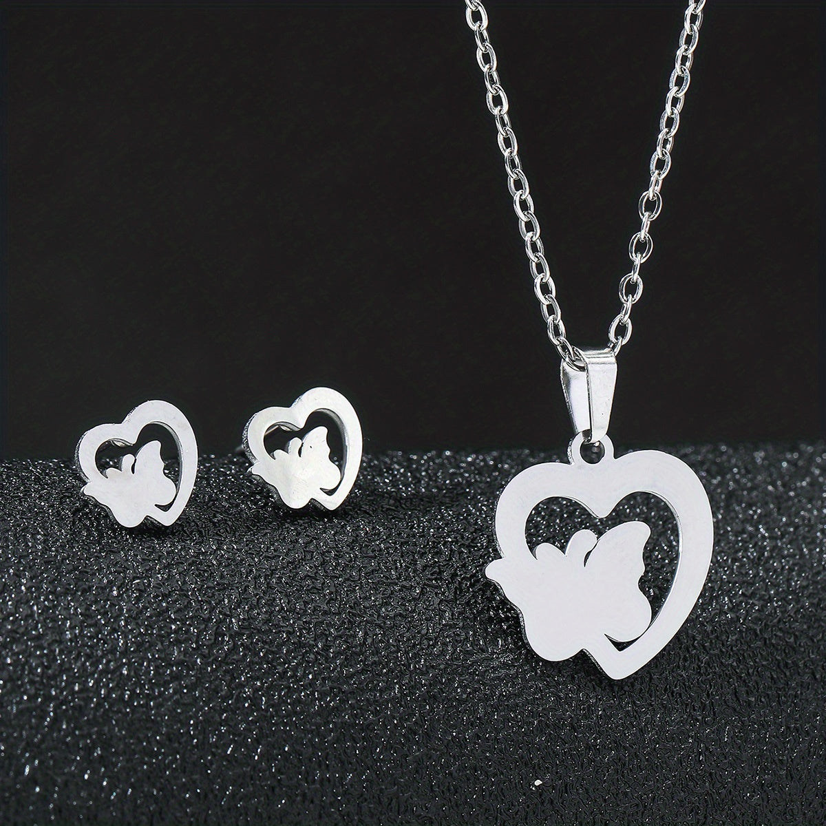 Stainless Steel Butterfly Flower Heart Stud Earrings & Necklace Set