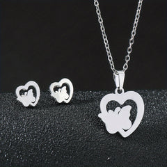 Stainless Steel Butterfly Flower Heart Stud Earrings & Necklace Set