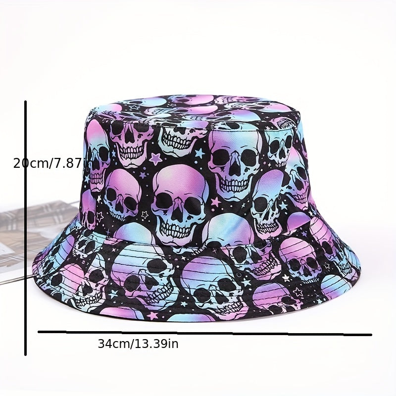 Purple Skull Print Bucket Hat Halloween Fisherman Cap