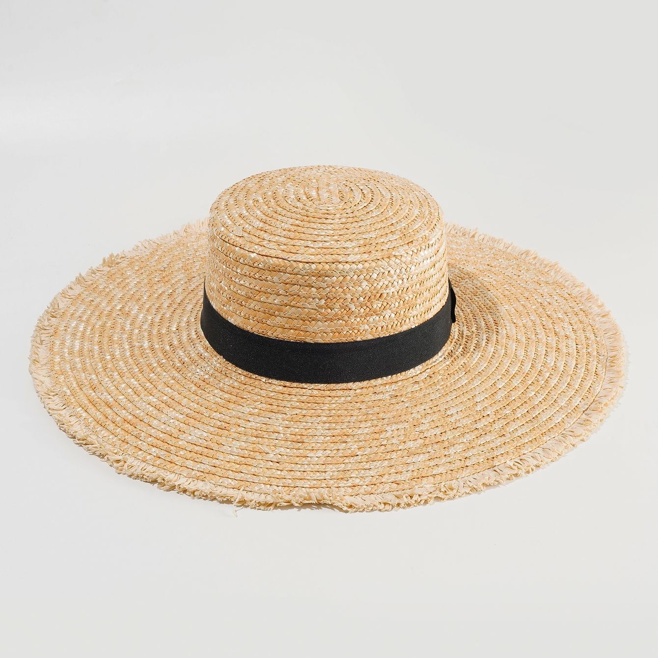 Women's Flat Top Straw Hat Fur Edge Beach Sunshade