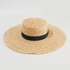 Women's Flat Top Straw Hat Fur Edge Beach Sunshade
