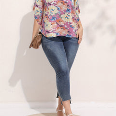  Vacay Blouse Women's Plus Floral Print Bat Sleeve V Neck Summer Top