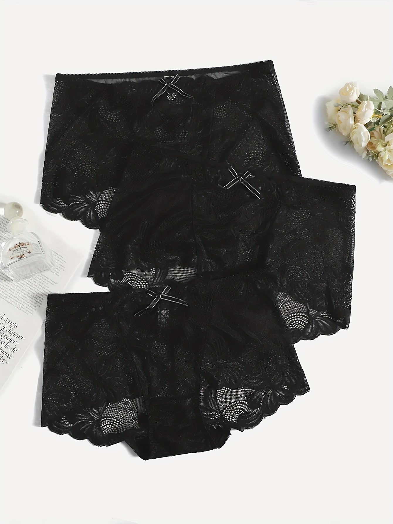 3 Pack Plus Size Panties Set Women's Plus Floral Lace Bow Detail